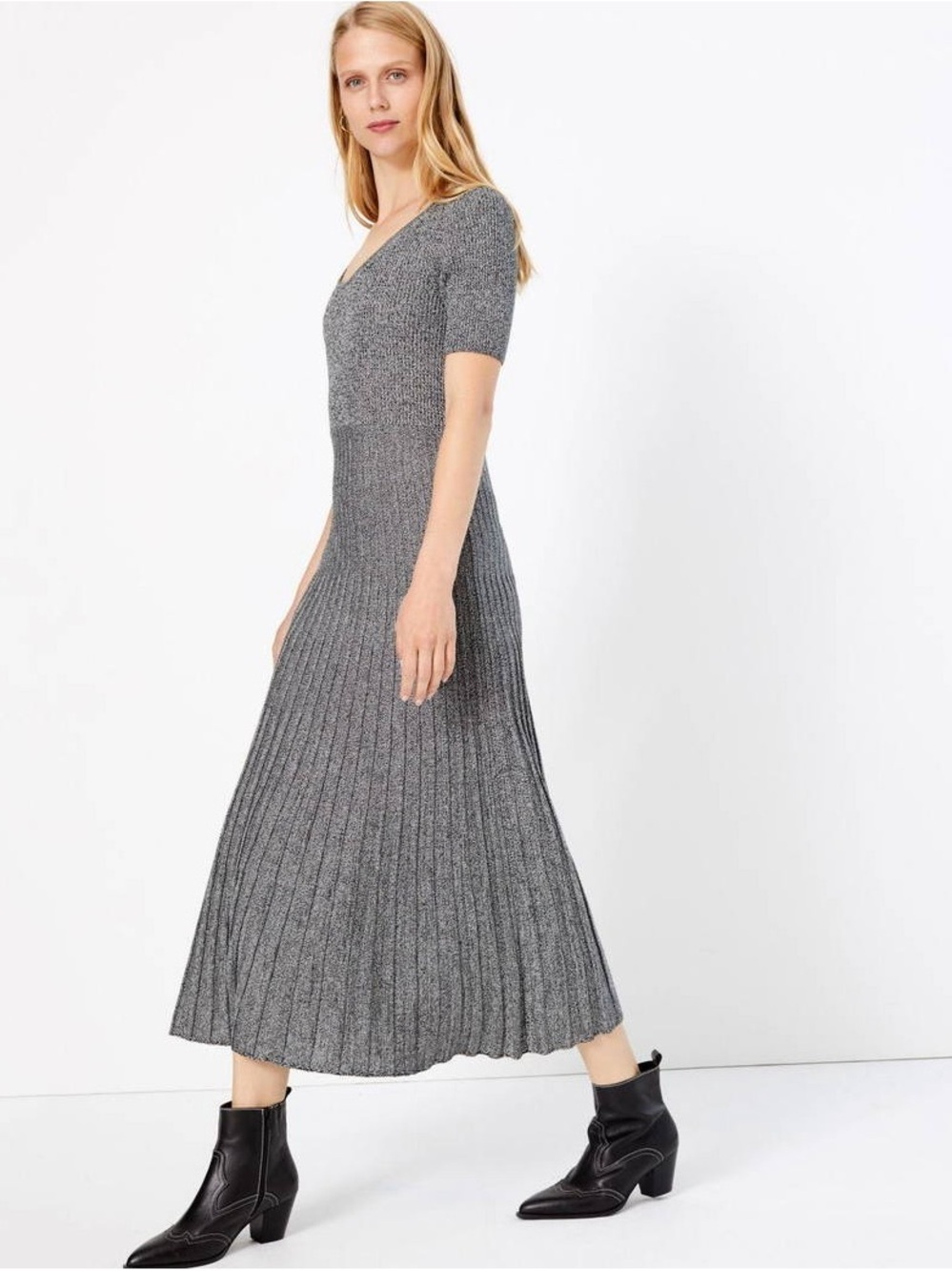 Marks & Spencer Gray Ribbed V-Neck Maxi Dress Size 8 US